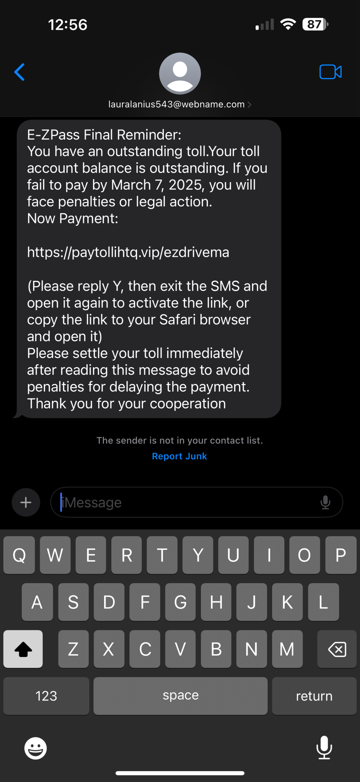 An example of a ‘smishing’ text message claiming to be from E-ZPass. Kentucky has seen an uptick in fraudulent texts such as this in recent months. Take note of the suspicious link and spoofed sender information.