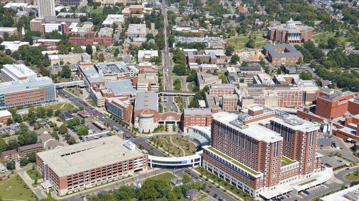 An aerial view of the University of Kentucky campus in Lexington.