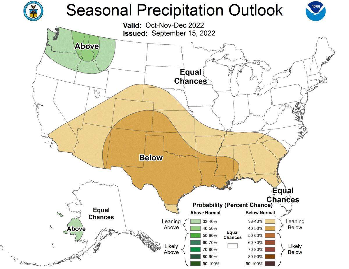 Here’s October to December’s precipitation outlook, from the National Weather Service’s Climate Prediction Center.