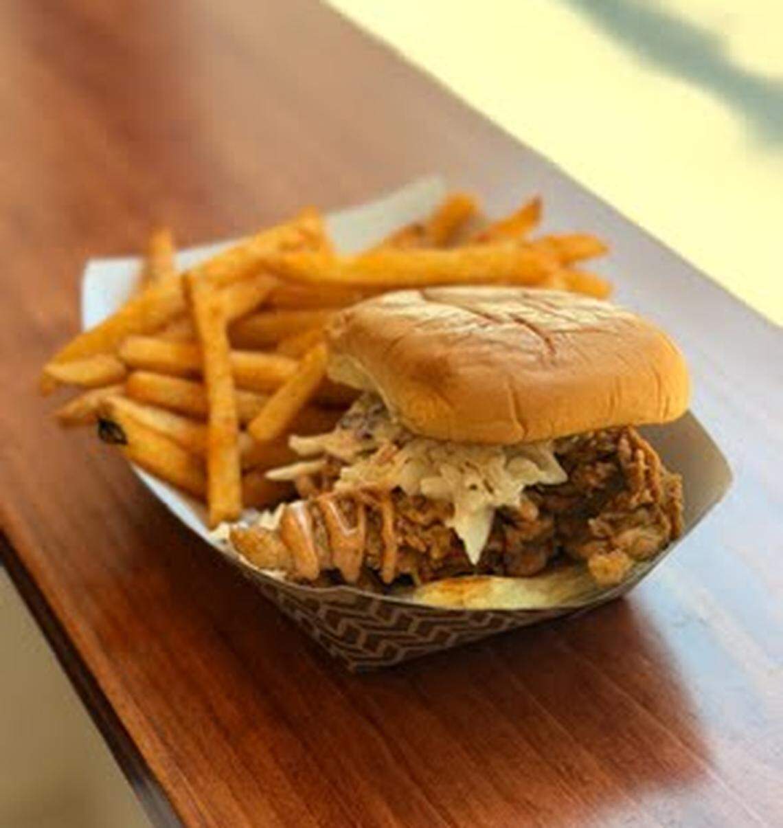 The chicken sandwich at Birdies Chicken can be plain fresh fried chicken, Bluegrass Hot Honey or Buffalo Chicken flavored, and it comes with pickles on a potato bun.