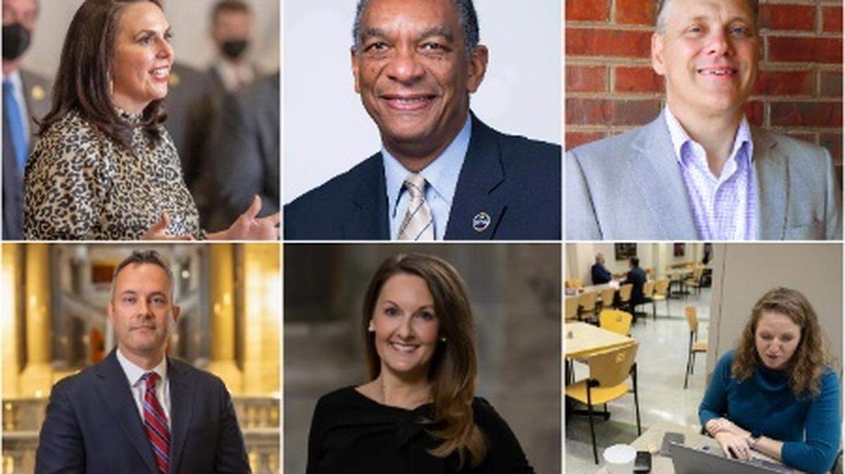 Clockwise from top left: Kentucky Chamber of Commerce President and CEO Ashli Watts, Council on Postsecondary Education Aaron Thompson, Commonwealth Policy Center Executive Director Richard Nelson, MML&K Government Solutions lobbyist Sara Osborne, McCarthy Strategic Solutions partners Amy Wickliffe and Sherman Brown.