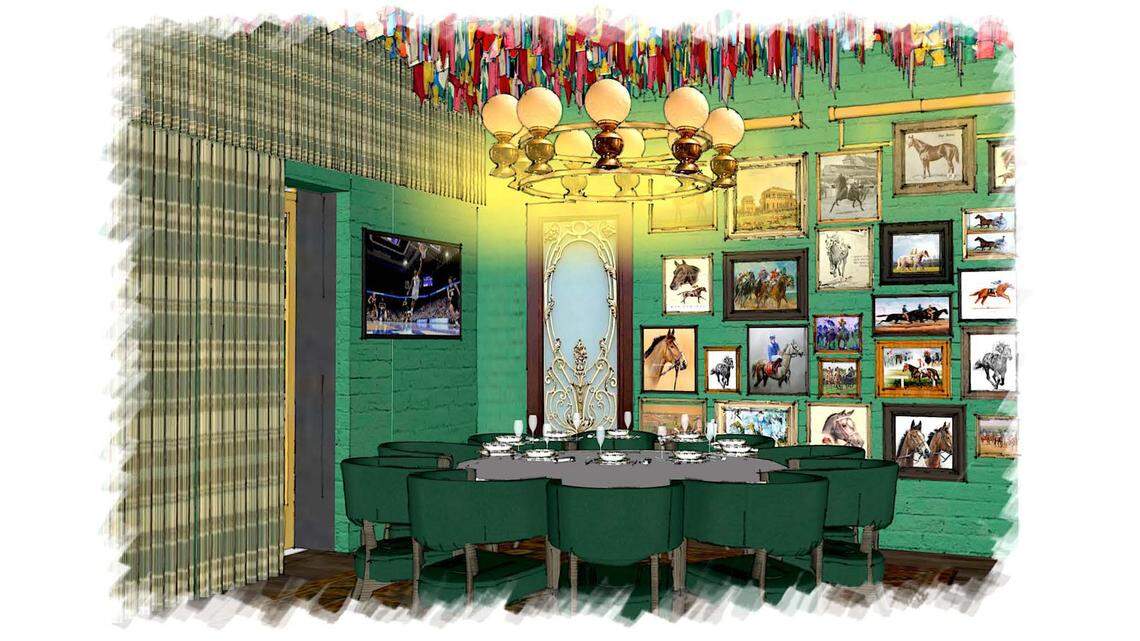 The Breeders Table at Jeff Ruby’s Steakhouse will be an intimate private dining room with the silks of many Thoroughbred racing stable on the ceiling.