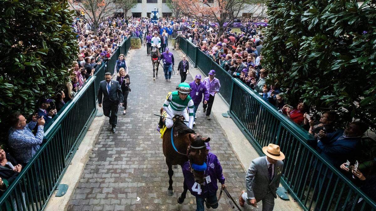 Flightline with Flavien Prat exits the paddock before the 39th running of the Longines Classic during the 2022 Breeders’ Cup World Championships at Keeneland in Lexington, Ky., Saturday, November 5, 2022. 