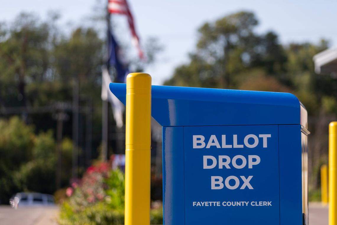 A ballot drop box outside the Lexington Senior Center in Lexington on Oct. 7, 2020. 