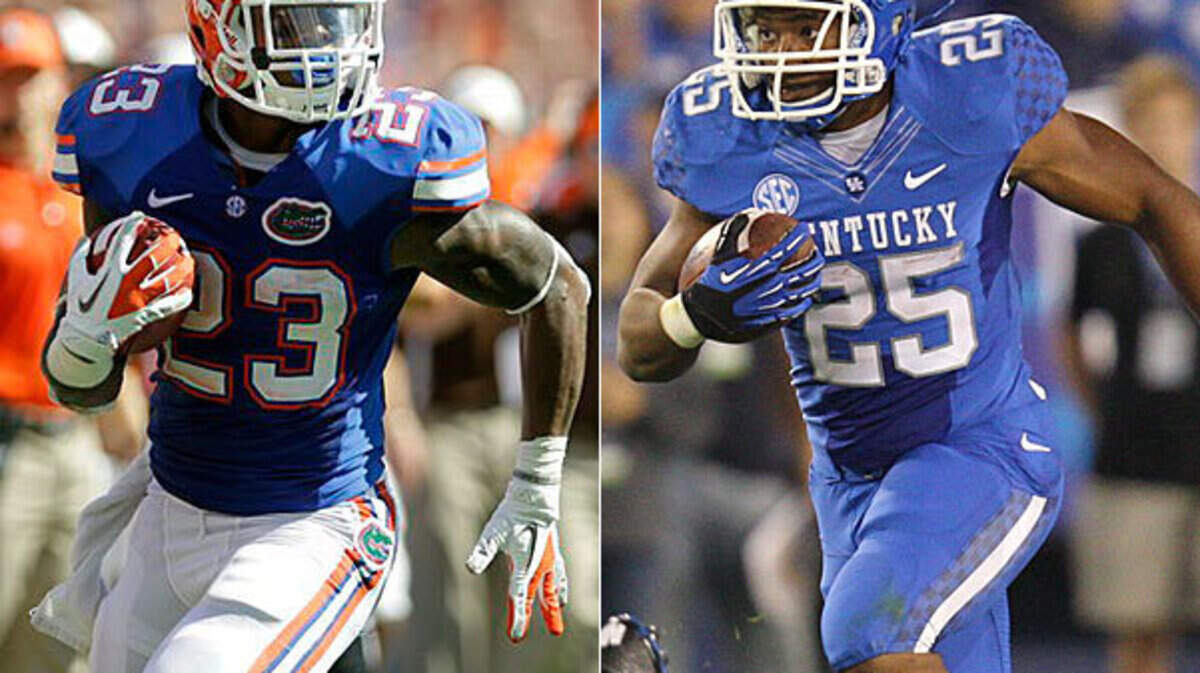 Florida running back Mike Gillislee, left, and Kentucky running back Jonathan George