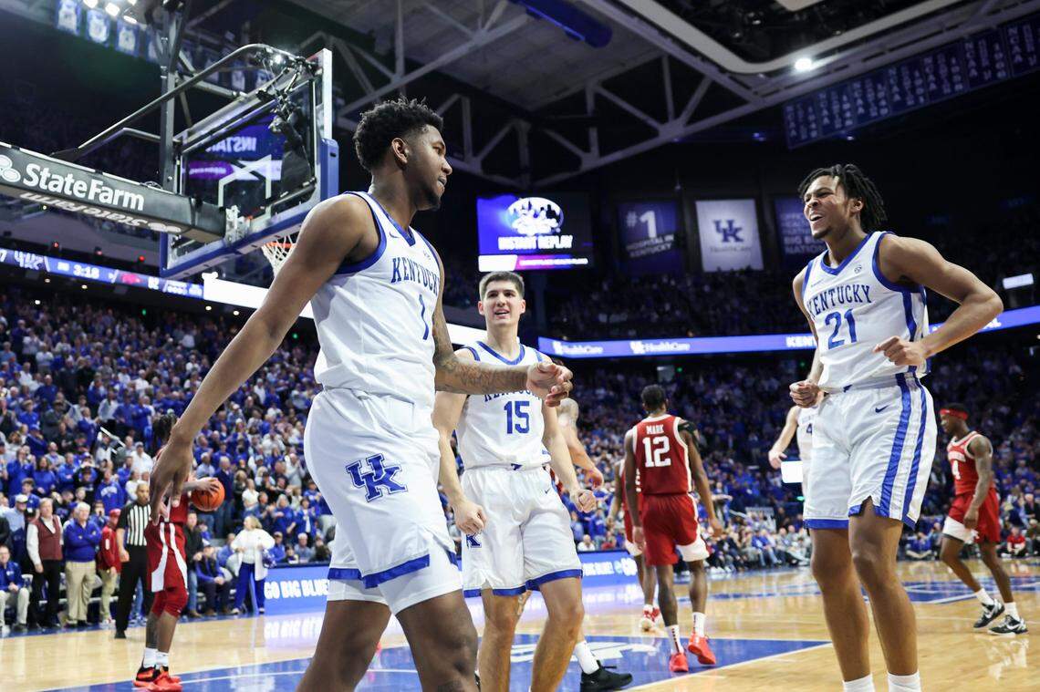 Kentucky guard Justin Edwards (1) reacts after drawing a foul against Arkansas during Saturday’s game at Rupp Arena.