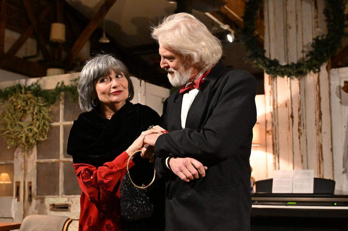 Eleanor (Missy Johnston) and her estranged husband Henry (Kevin Hardesty) share a rare non-combative moment. On the Verge Theatre presents “The Lion in Winter” at Luigart Studio, 110 Luigart Court in Lexington, Kentucky, Jan. 23-Feb. 1. This photo was taken at a rehearsal Jan. 17, 2025.