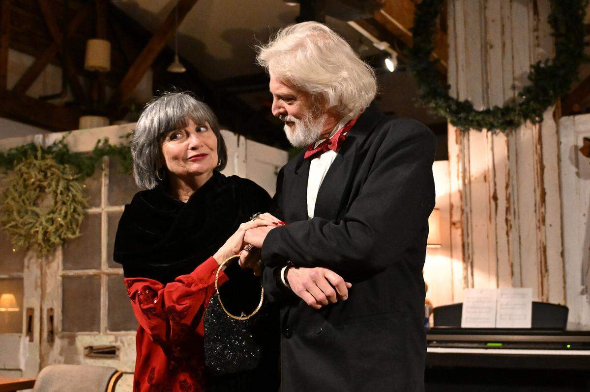 Eleanor (Missy Johnston) and her estranged husband Henry (Kevin Hardesty) share a rare non-combative moment. On the Verge Theatre presents “The Lion in Winter” at Luigart Studio, 110 Luigart Court in Lexington, Kentucky, Jan. 23-Feb. 1. This photo was taken at a rehearsal Jan. 17, 2025.