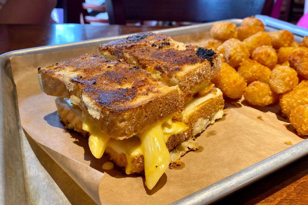 The Mac n’ Cheese Melt sandwich at Goodwood Brewing is made with Swiss, pimento, American and beer mac n’ cheese.