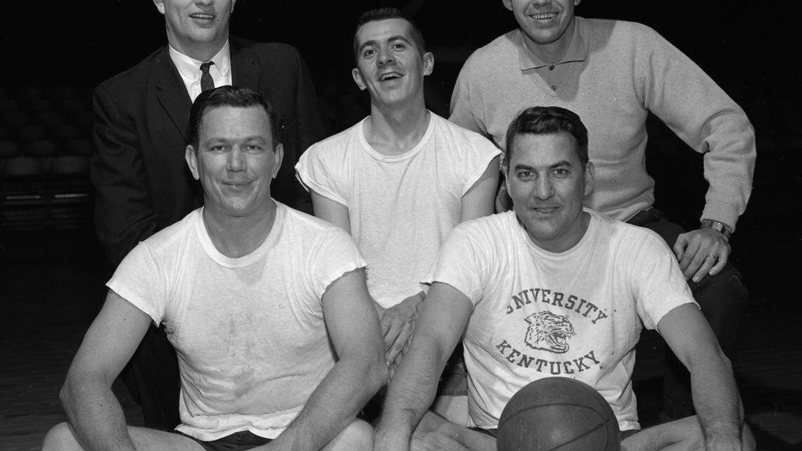 From a preview of the 1960 Press-Radio-TV basketball game that was held annually in Memorial Coliseum, members of the radio-TV team: white shirts, Claude Sullivan, Jack Lori, Hugh Jones; back row, Jim Host and Earl Boardman.