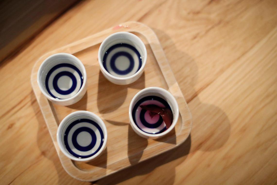 The “modern flight” of saki featuring Bride of the Fox, Kikusi and Fukucho Seaside and served with Japanese pickles at Standing Room Only.