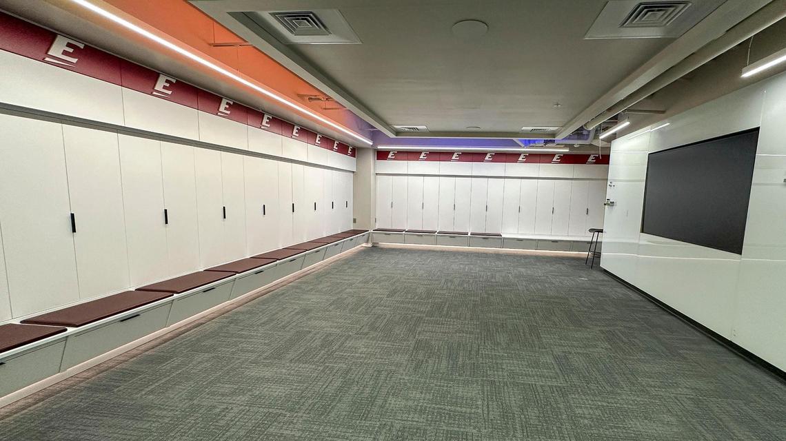 The renovated women’s basketball locker room is shown inside Eastern Kentucky University’s Baptist Health Arena at Alumni Coliseum on Wednesday. The renovated arena houses EKU’s men’s and women’s basketball teams, as well as the volleyball program. It also has locker rooms for EKU’s beach volleyball program.