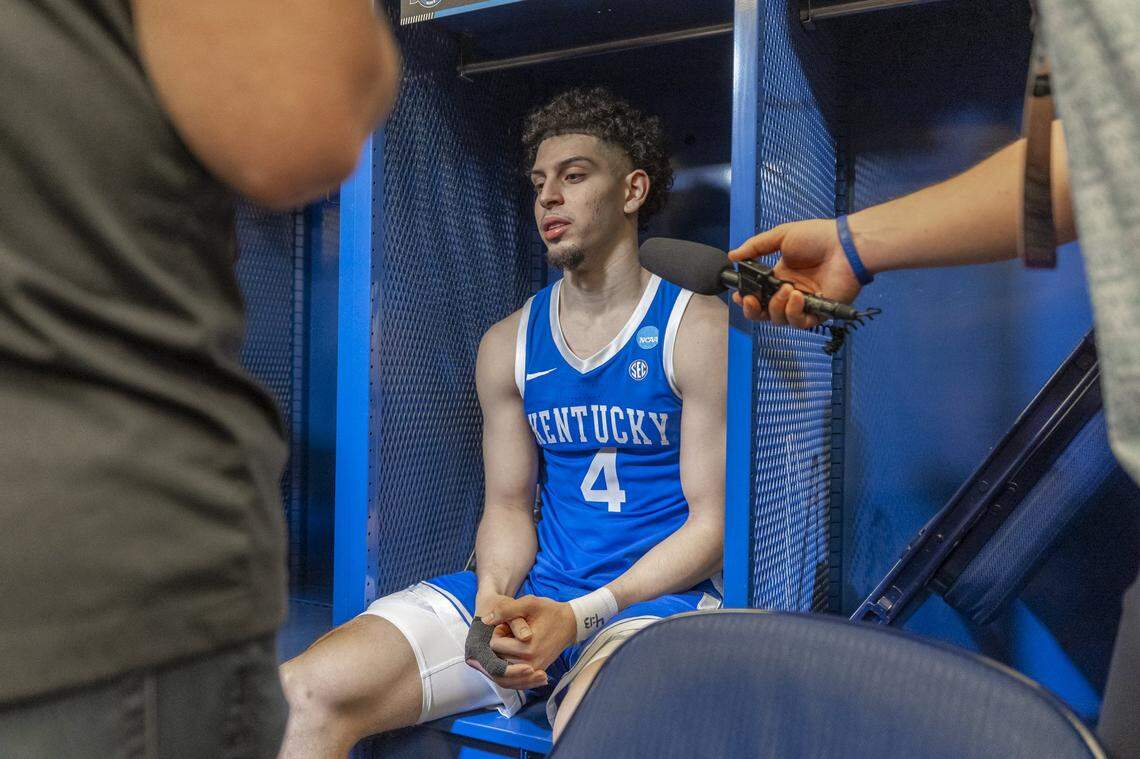 Kentucky guard Koby Brea talks to reporters following Friday’s loss to Tennessee during a Sweet 16 game at Lucas Oil Stadium in Indianapolis on Friday.