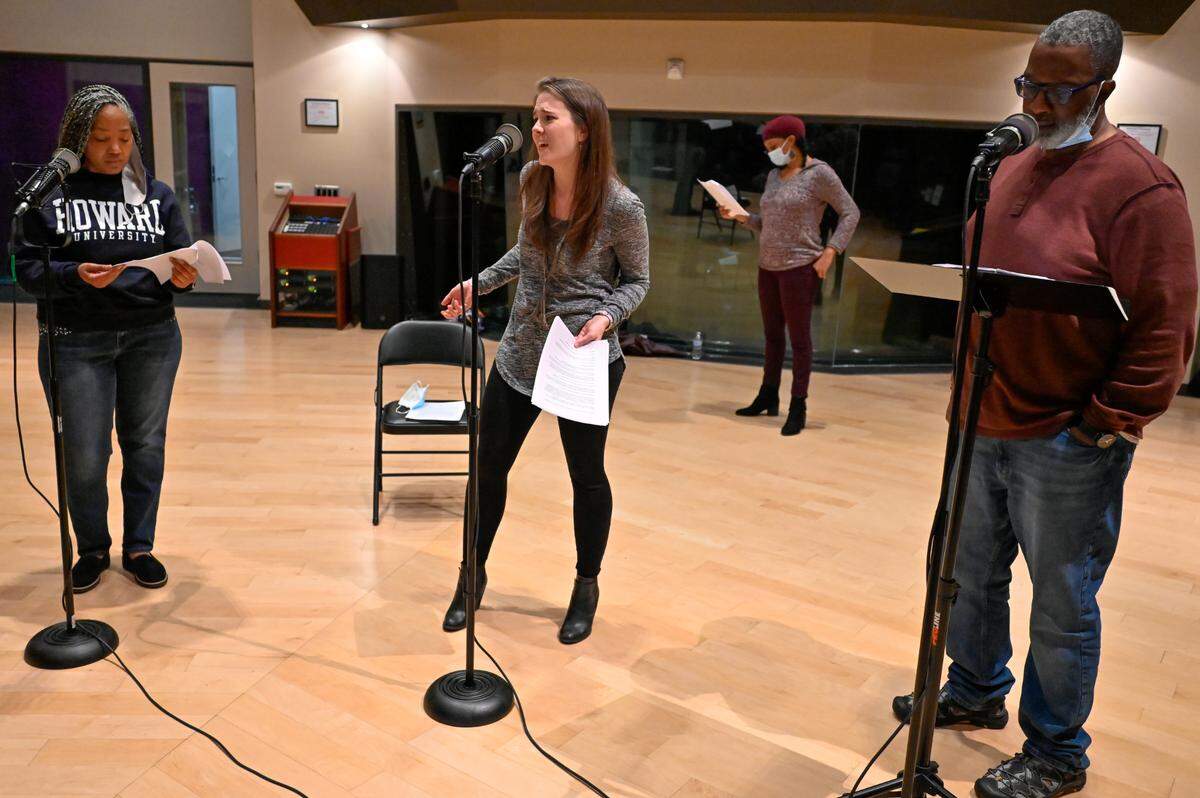 Nieta Wigginton as Baby Ruth Mitchell, Marianne Miller as Rebecca Ruth Soprano, Meredith Frankie Crutcher as Beatrice Mitchell, and Patrick J. Mitchell as Muhammad Ali Ali in “No More Leftovers” by Frank X Walker. AthensWest Theatre Company is producing the radio play “Last-Minute Gifts” with WUKY-FM 91.3. Recording took place at the WUKY studios, 2640 Spurr Road in Lexington, Kentucky on Dec. 4 and 5, 2021. The shows air Dec. 20 and 25, 2021.