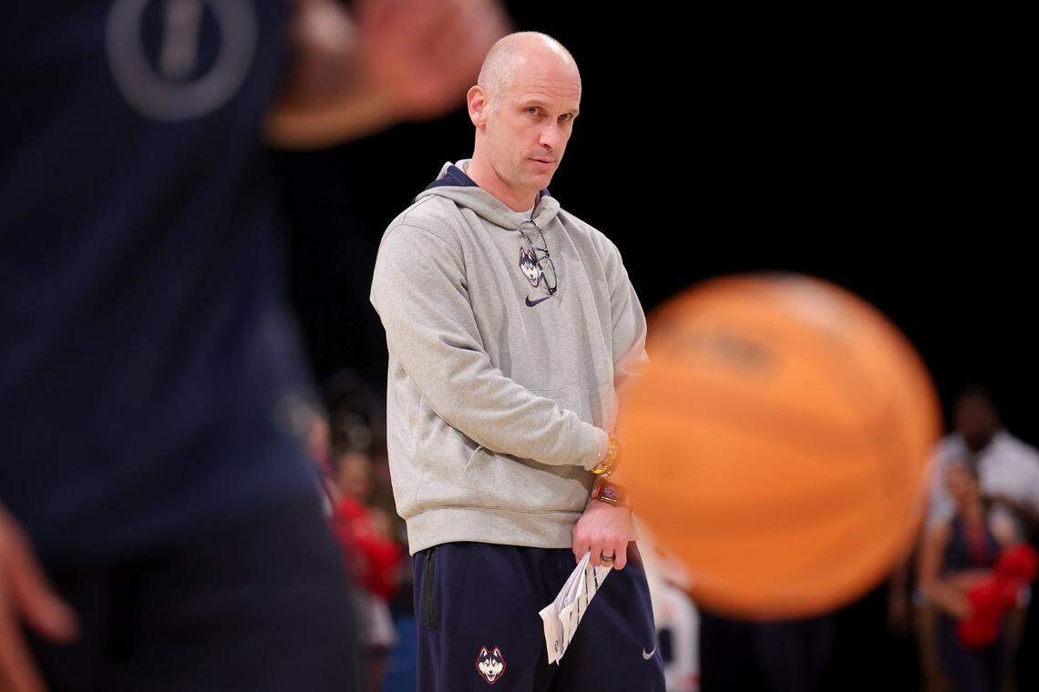 Mar 21, 2024; Brooklyn, NY, USA; Connecticut Huskies head coach Dan Hurley watches his team practice during team practice at Barclays Center. Mandatory Credit: Brad Penner-USA TODAY Sports