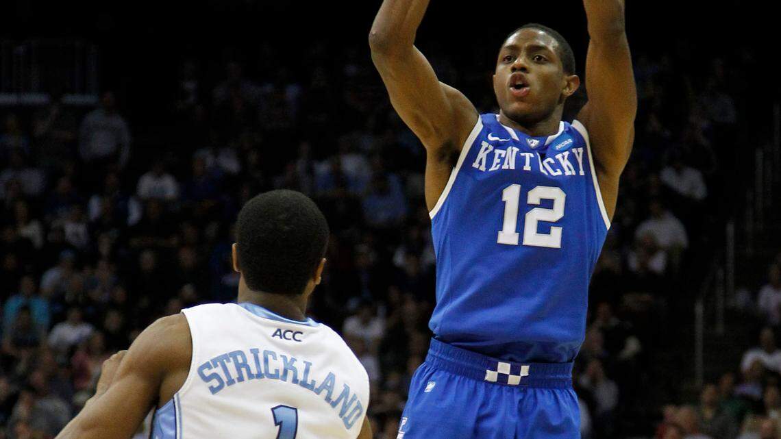Kentucky Wildcats guard Brandon Knight (12) put in two of his  22 points as Kentucky defeated   North Carolina  76-69 to advance to the Final Four of the NCAA tournament  on Saturday March 27, 2011 in Newark, NJ.  Photo by Mark Cornelison | Staff
