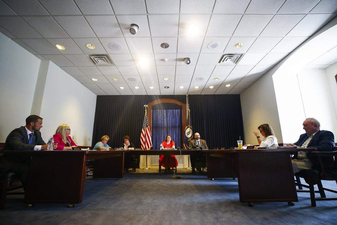 A special meeting of the State Board of Elections in August 2018 at the Kentucky State Capitol in Frankfort. State Board of Elections Executive Director Jared Dearing accused Secretary of State State Alison Lundergan Grimes of abusing her power.