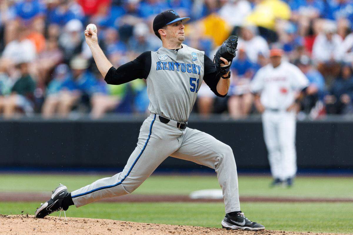 Jun 1, 2024; Lexington, KY, USA; Kentucky Wildcats pitcher Trey Pooser (51) throws against the Illinois Fighting Illini during the first inning at Kentucky Proud Park. Mandatory Credit: Jordan Prather-USA TODAY Sports