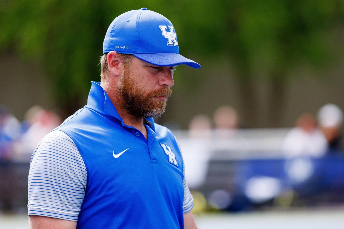 Kentucky head coach Cedric Kauffmann walks the courts during his team’s NCAA Tournament match against Wake Forest.