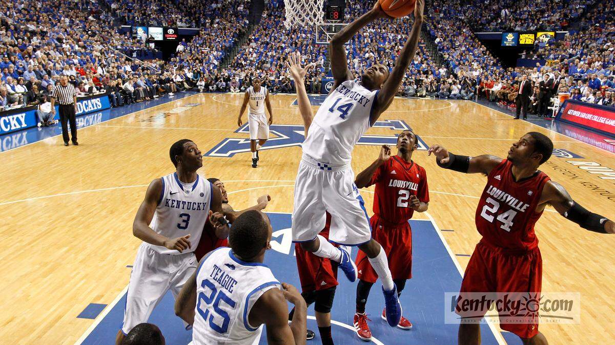 Kentucky Wildcats forward Michael Kidd-Gilchrist (14) put in two of his team high 24 points to go with 19 rebounds  as #3 Kentucky defeated #4 Louisville 69-62  on Saturday  December 31, 2011  in Lexington, Ky.  Photo by Mark Cornelison | Staff