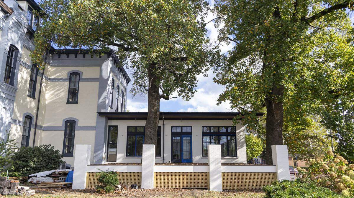 The building addition to Millstone, the new restaurant and bar inside historic Dudley Square, includes a new patio, photographed Thursday, Sept. 26, 2025 in Lexington, Ky. The outdoor dining area will be surrounded with iron rails and have seating for about 30 diners. There will also be lounge-style seating from sofas.