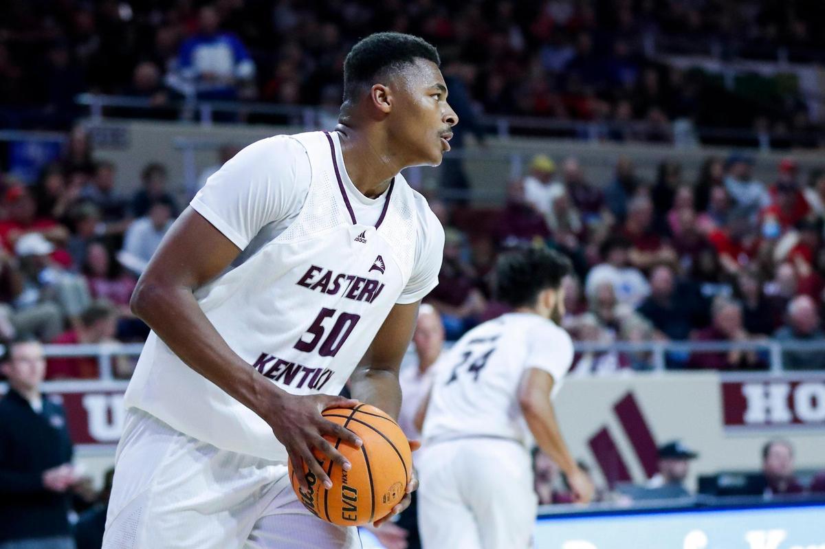 Eastern Kentucky forward Isaiah Cozart (50) moves the ball up the court against Western Kentucky during a game at Baptist Health Arena in Richmond on Nov. 10, 2022. Cozart is the ASUN’s preseason defensive player of the year.