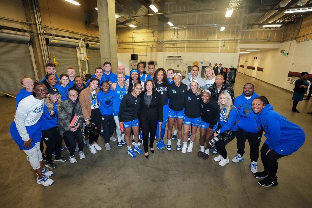 Vice President Kamala Harris spoke to the Kentucky women’s basketball team Monday before their game against No. 1 South Carolina in Columbia.