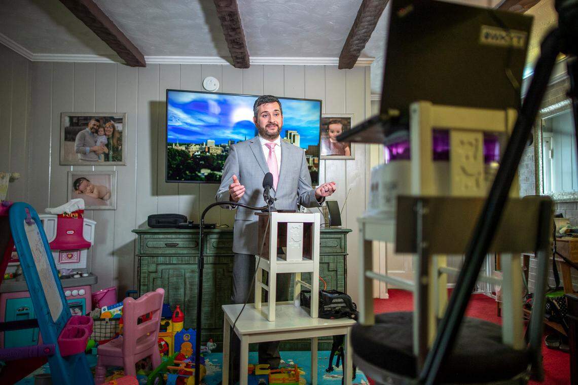 WKYT-27’s Victor Puente anchors the 4 p.m. newscast from his home in Lexington, Ky., on Tuesday, April 14, 2020. He is working from home because of the novel coronavirus pandemic.