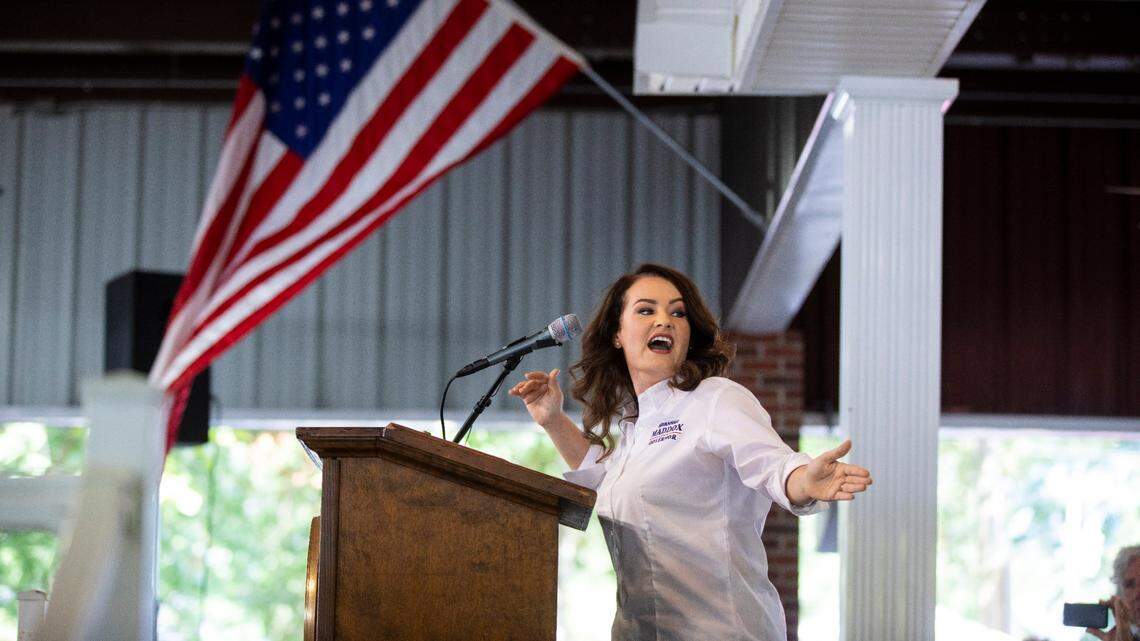 Candidate for Governor Savannah Maddox speaks the crowd gathered for the 142nd annual St. Jeromes Fancy Farm Picnic before politicians deliver speeches in Fancy Farm, Ky., Saturday, August 6, 2022.