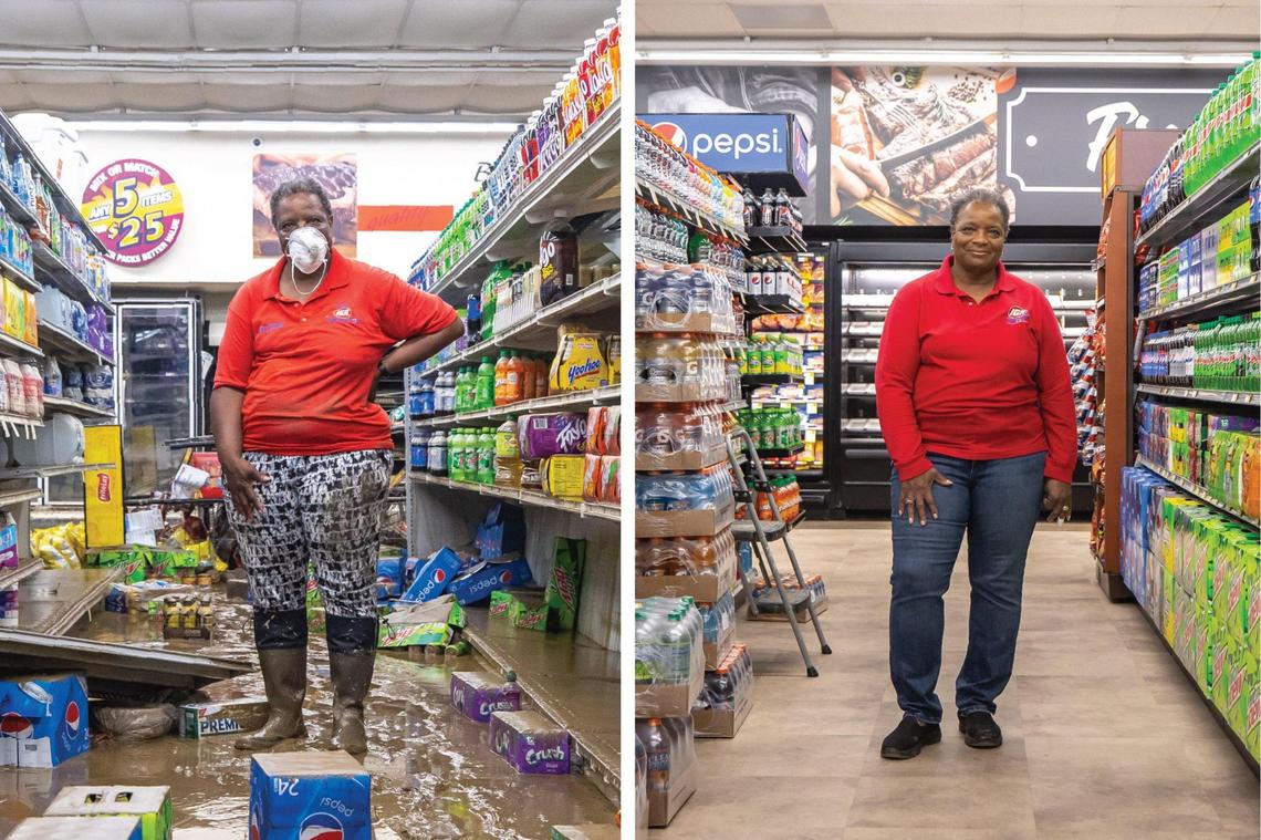 Gwen Christon, Isom IGA co-owner, poses for a portrait on Monday, Aug. 1, 2022, left, and on Thursday, March 30, 2023. The grocery store, in Isom, Ky., is scheduled to reopen Saturday, April 1, 2023, after being heavily damaged by flooding eight months ago.