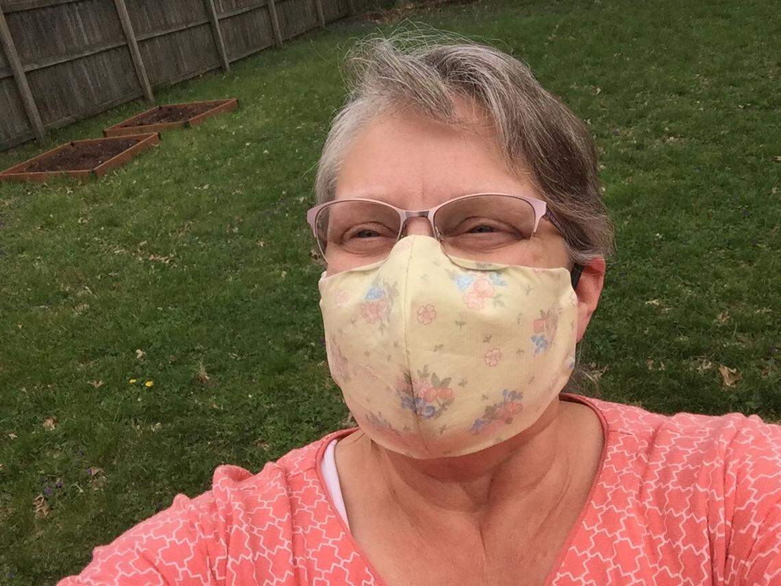 The finished version, based on a free pattern from fabricpatch.net. It’s more fitted, with a pipe cleaner to pinch it on my nose. I used head bands for earpieces.