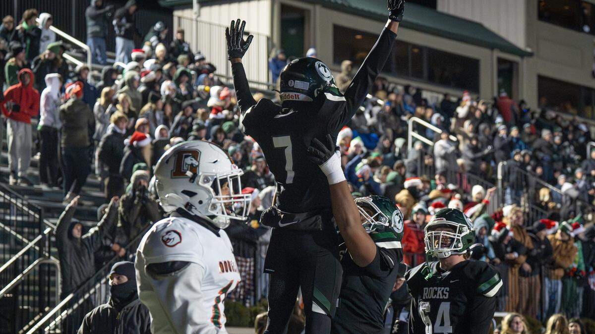 Trinity wide receiver Jason Hagan (7) celebrated his touchdown catch during first half action as the Trinity Shamrocks and Frederick Douglass Broncos played in the KHSAA class 6A state semifinals on Friday, Nov. 29, 2024
