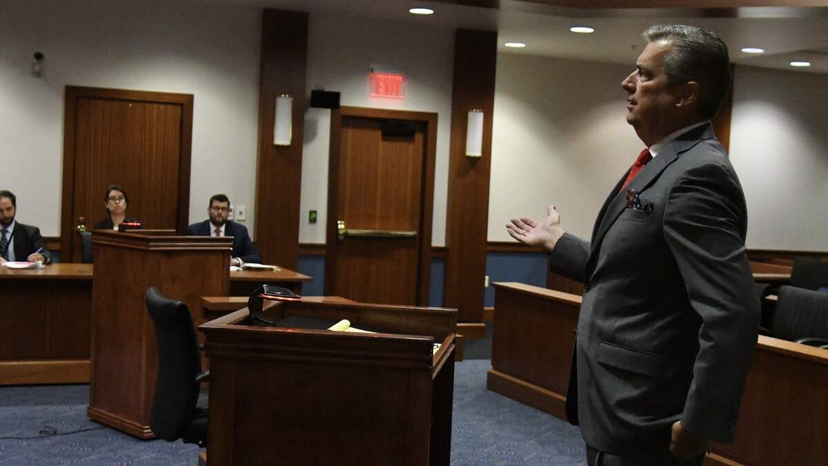Attorney James Morris represents Kentucky State University students in a state lawsuit over the constitutionality of Kentucky Senate Bill 185 on Wednesday, June 17, 2026 in Franklin County Circuit Court. Morris argued against defendants including Kentucky Gov. Andy Beshear, represented by his general counsel Travis Mayo, who sat on the right side of the defense table.