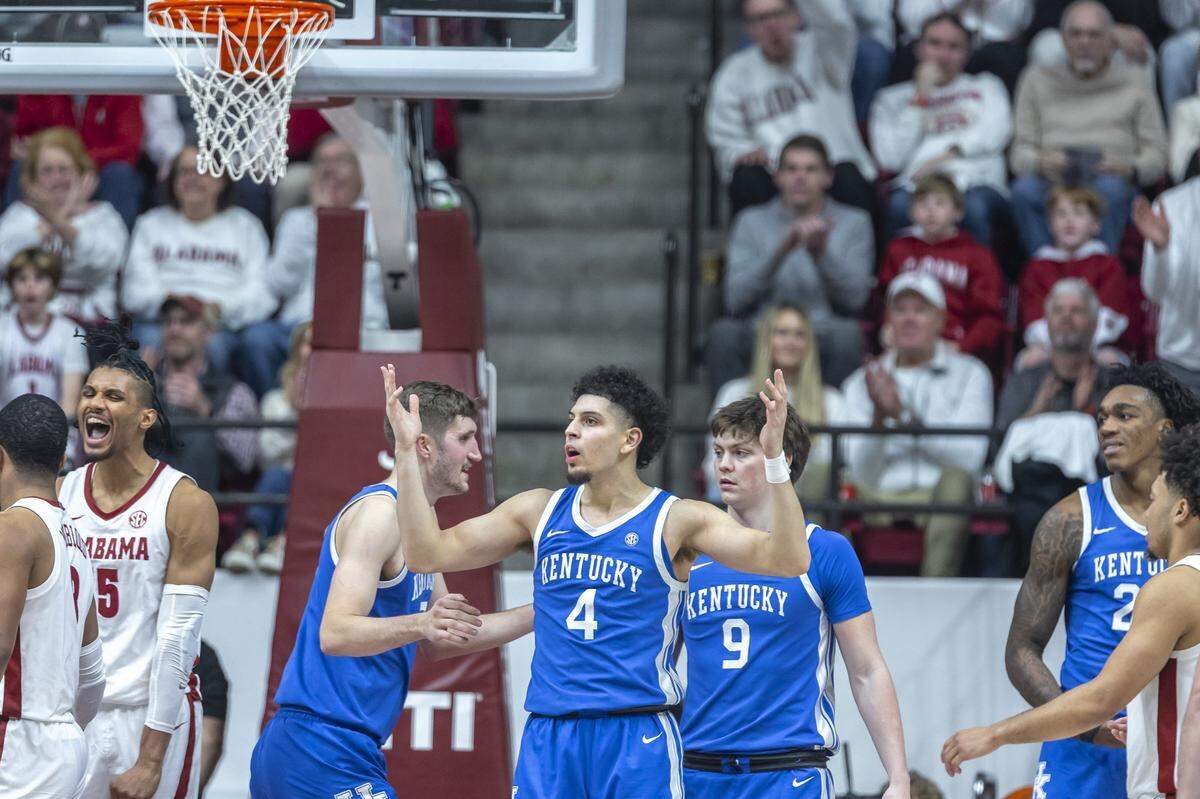 Kentucky guard Koby Brea (4) reacts after being call for a foul during Saturday’s game against Alabama at Coleman Coliseum in Tuscaloosa, Ala.