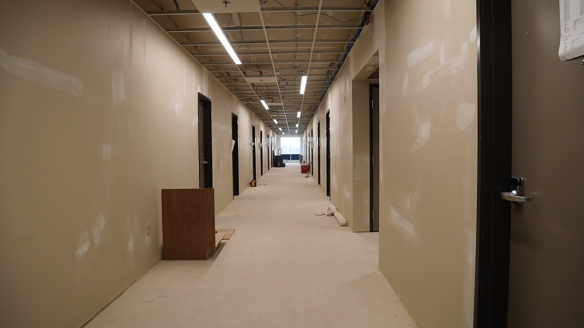 An unfinished hallway on the third floor hallway of the Hope Center’s new 48-unit sober living apartment complex for recovering addicts on April 12, 2019.
