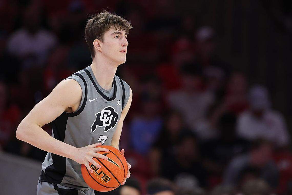 HOUSTON, TEXAS - FEBRUARY 28: Sebastian Rancik #7 of the Colorado Buffaloes handles the ball against the Houston Cougars during the second half at Fertitta Center on February 28, 2026 in Houston, Texas. (Photo by Alex Slitz/Getty Images)