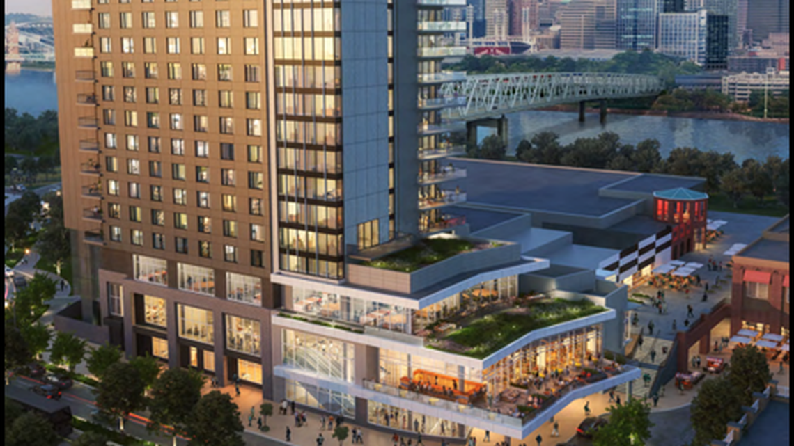 A rendering of the Margaritaville Resort Hotel coming to Newport on the Levee.