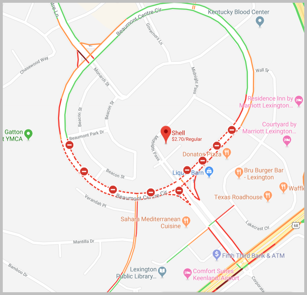 The Lexington Traffic Management Center map showed the front area of Beaumont Circle that was closed because of a gas leak Tuesday.
