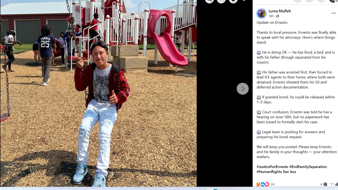 A screenshot of a Facebook post by refugee advocate Luma Mufleh provides an update on the case of Ernesto Manuel Andres.