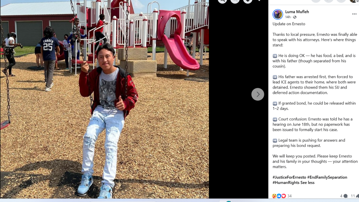A screenshot of a Facebook post by refugee advocate Luma Mufleh provides an update on the case of Ernesto Manuel Andres.