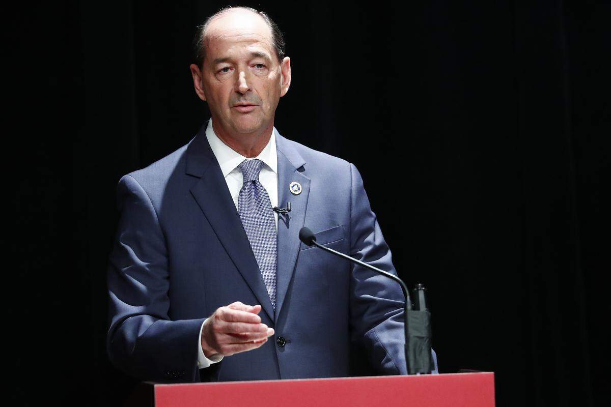Kentucky Democratic gubernatorial candidate Rocky Adkins responds to a question during a debate at Transylvania University in Lexington, Ky., Wednesday, April 24, 2019.
