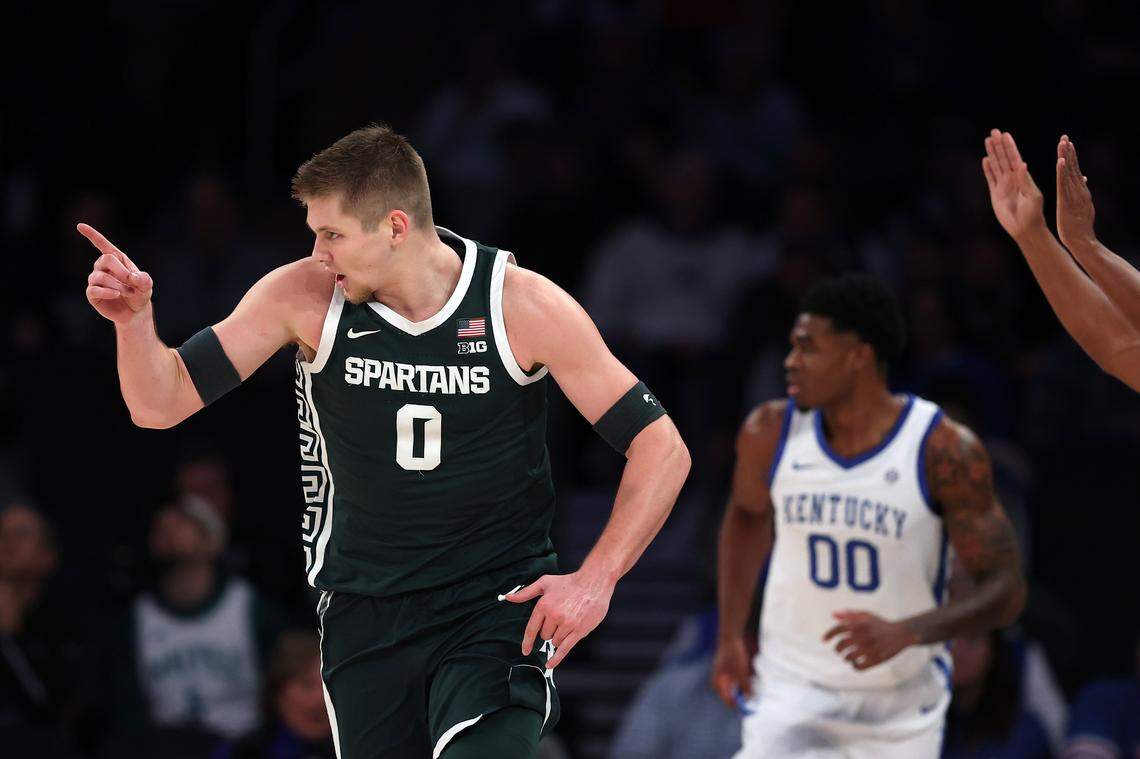 NEW YORK, NEW YORK - NOVEMBER 18: Jaxon Kohler #0 of the Michigan State Spartans reacts after scoring during the first half against Kentucky Wildcats in the 2025 State Farm Champions Classic at Madison Square Garden on November 18, 2025 in New York City. (Photo by Sarah Stier/Getty Images)