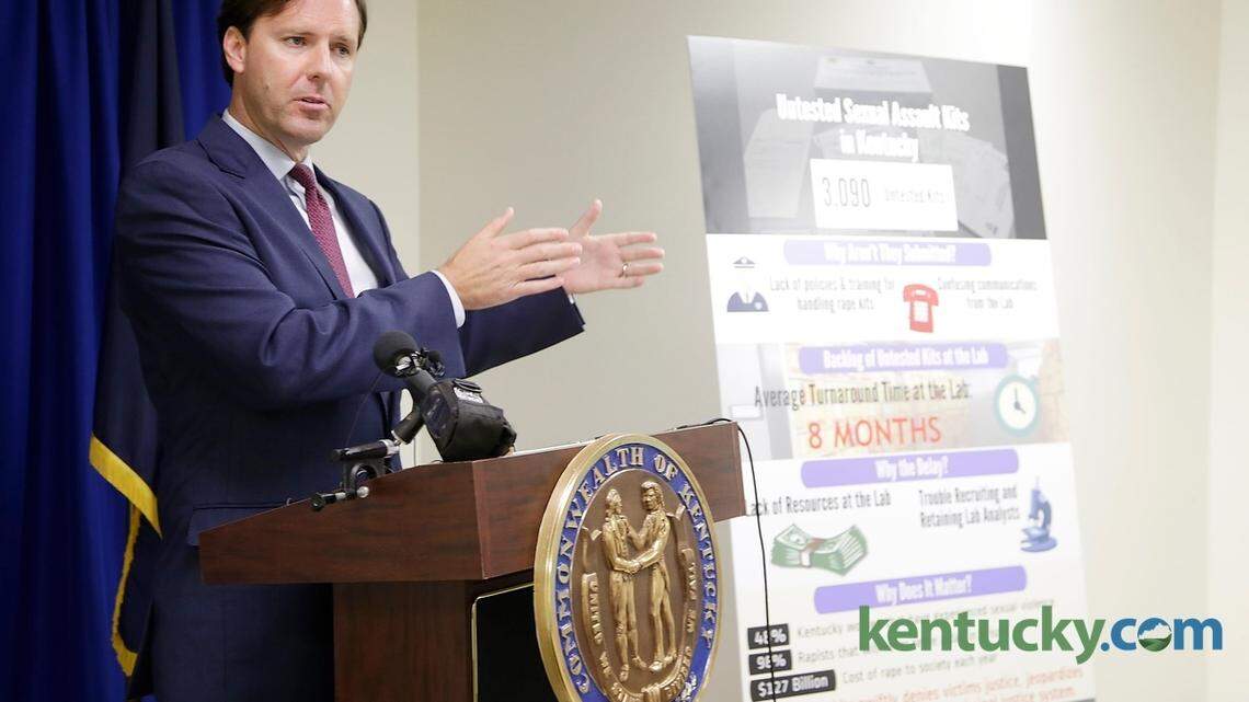 Kentucky State Auditor Adam Edelen addressed media as his office released his statewide count of 3,091 untested rape kits Frankfort, Ky., on Sept. 21, 2015. Edelen recommends Kentuckyâ™s 2016 General Assembly funding of the state crime lab to address current backlogs and prevent future ones. Photo by Pablo Alcala | Staff