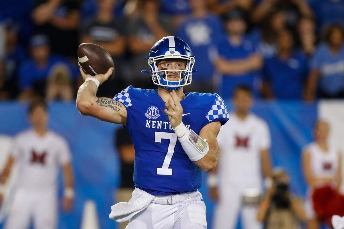 Kentucky quarterback Will Levis throws a pass against Miami (Ohio) in the first half at Kroger Field on Saturday.