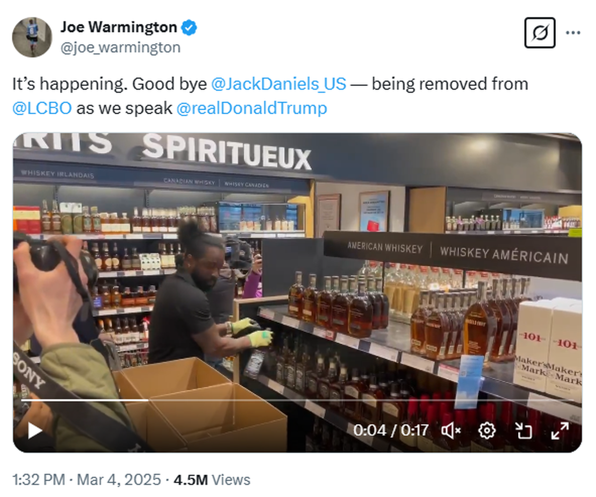 Video of an Ontario liquor store employee removing bottles of Jack Daniel’s Tennessee Whiskey, Brown-Forman’s product, and other American bourbons from shelves on Tuesday went viral.