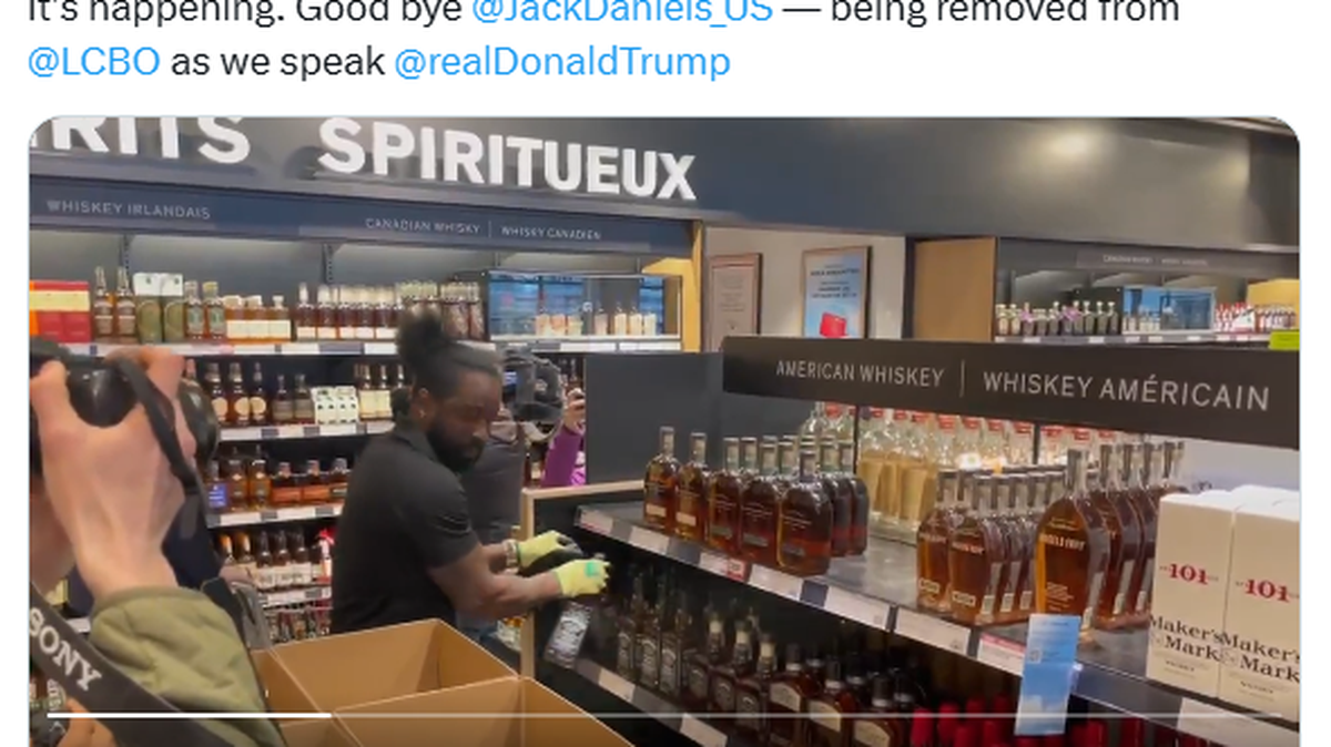 Video of an Ontario liquor store employee removing bottles of Jack Daniel’s Tennessee Whiskey, Brown-Forman’s product, and other American bourbons from shelves on Tuesday went viral.