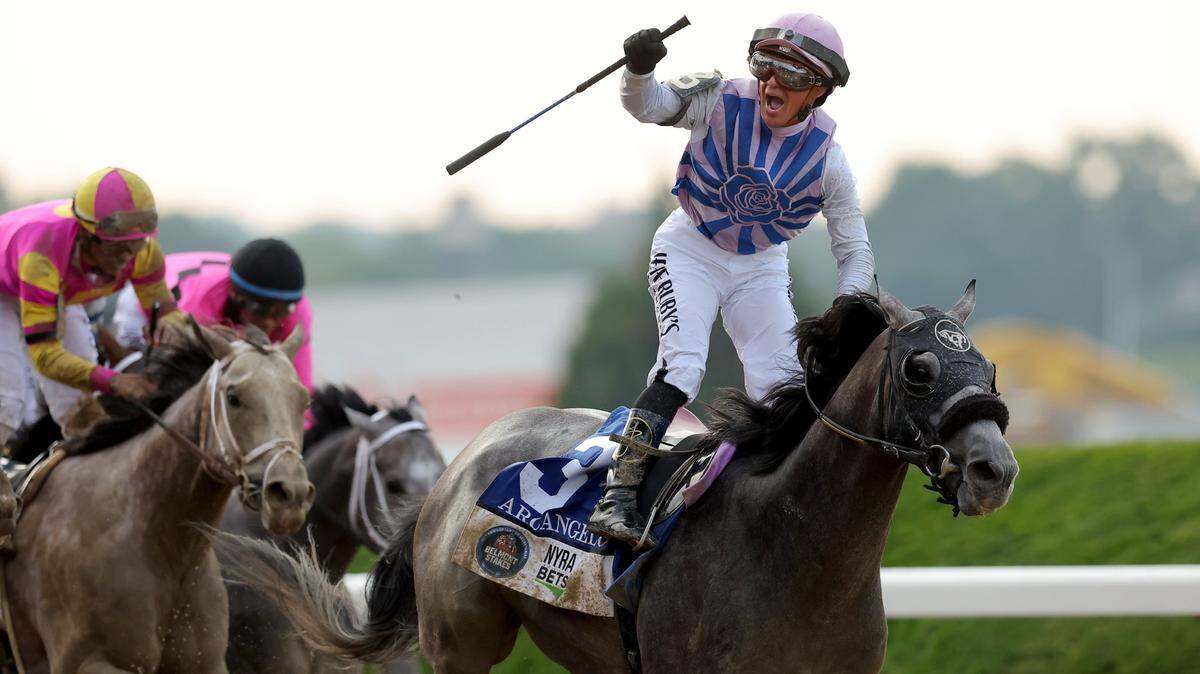 Jockey Javier Castellano reacts after winning the 155th running of the Belmont Stakes aboard Arcangelo on Saturday at Belmont Park.