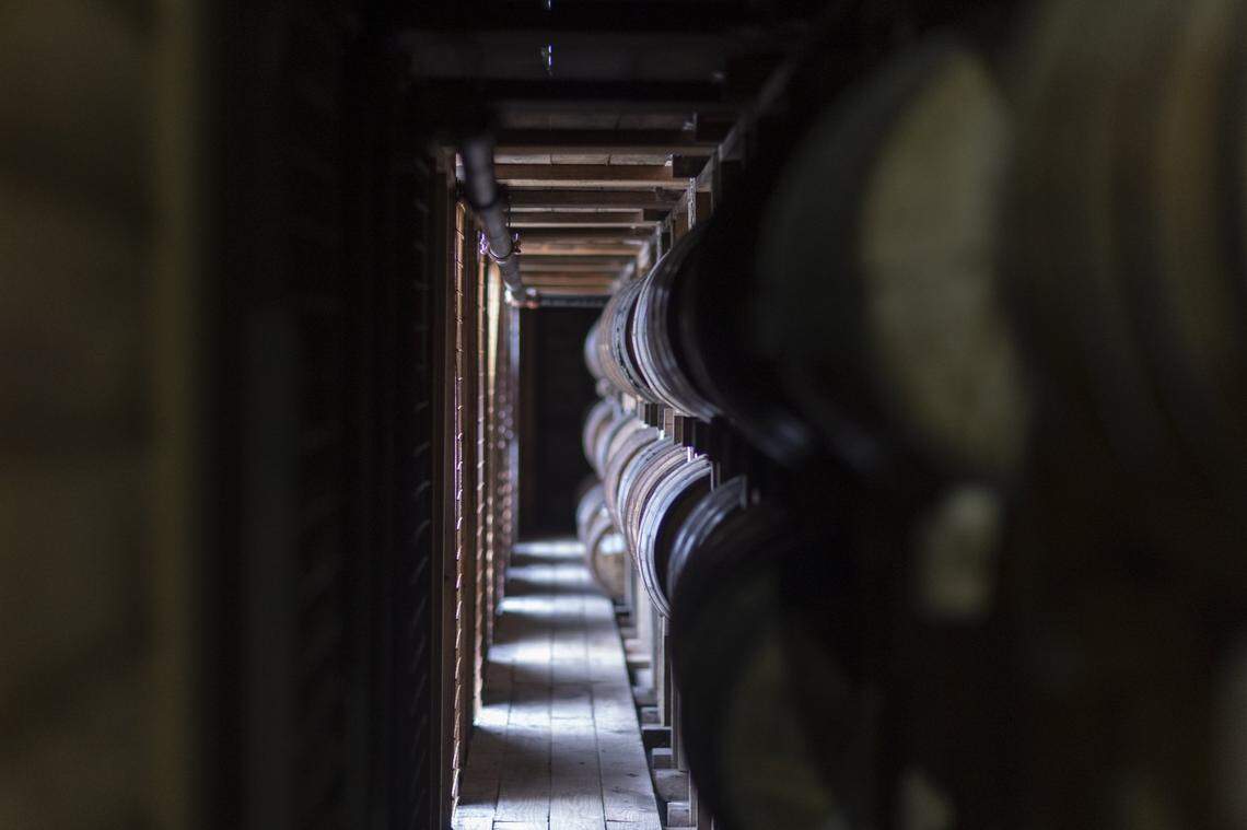 Barrels age in a warehouser at Bardstown Bourbon Company in Bardstown, Ky., on Wednesday, Nov. 19, 2025.