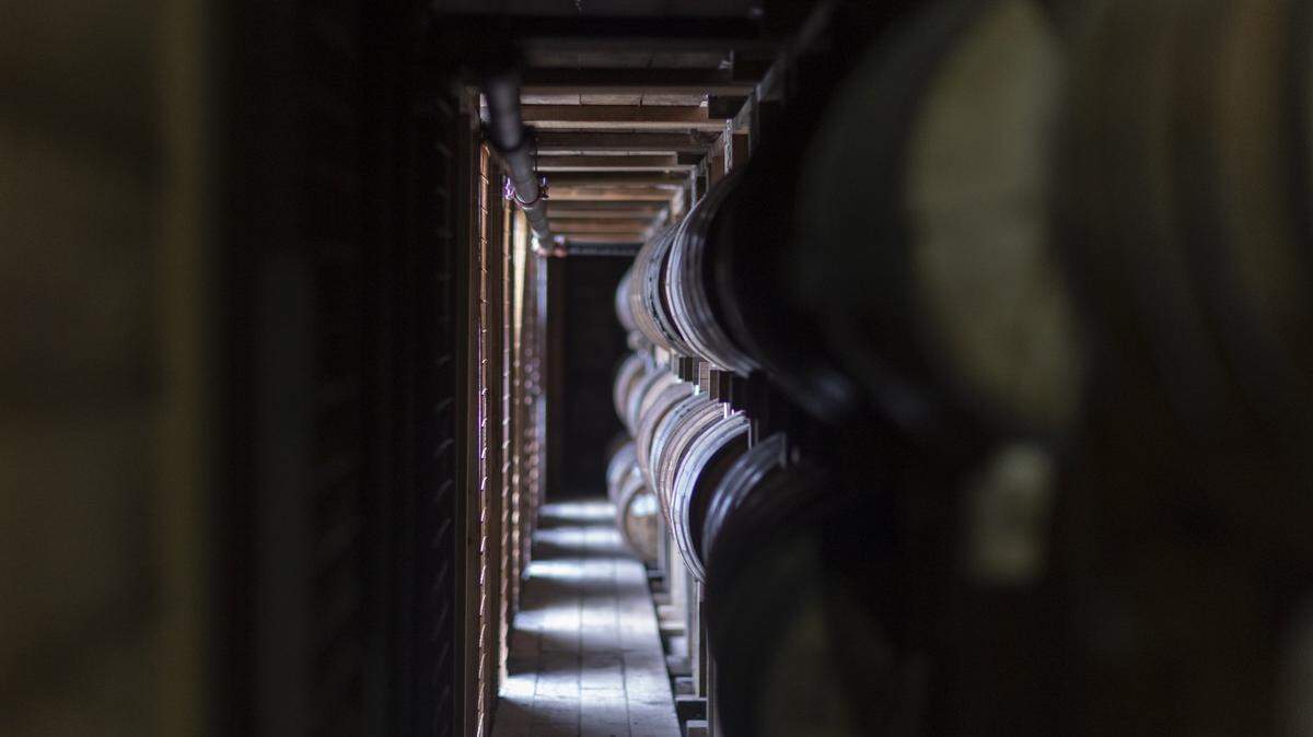Barrels age in a warehouser at Bardstown Bourbon Company in Bardstown, Ky., on Wednesday, Nov. 19, 2025.