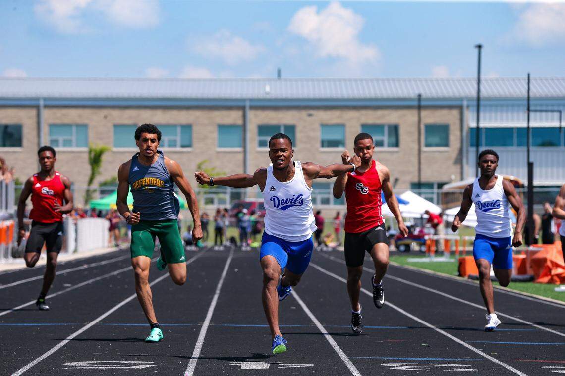 Henry Clay’s Langston Jackson won the 100m dash at the Class 3A, Region 6 meet at Frederick Douglass Saturday, May 18, 2019.